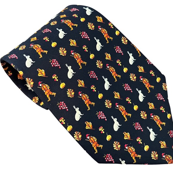Salvatore Ferragamo Silk Necktie Hunter Rabbit Fall Leaves Grapes Made in Italy - Picture 1 of 4